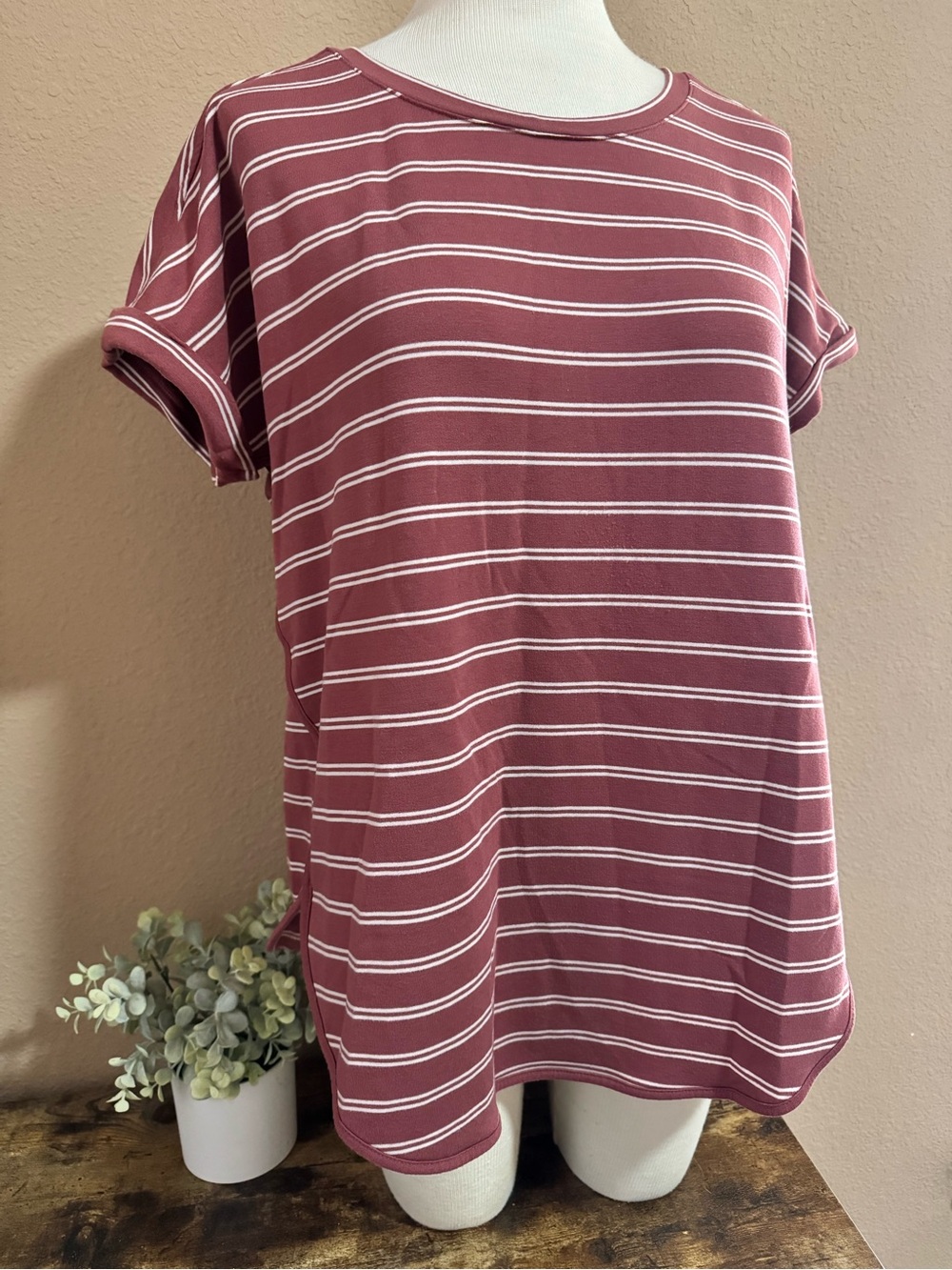 Sonoma Mauve and White Striped Short Sleeve Tee